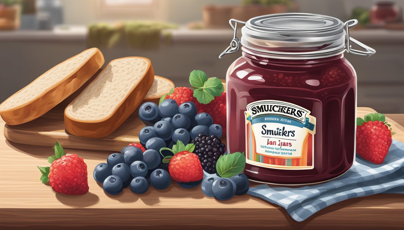 A jar of Smuckers jam sits next to a spreader on a wooden cutting board, surrounded by fresh berries and a loaf of bread