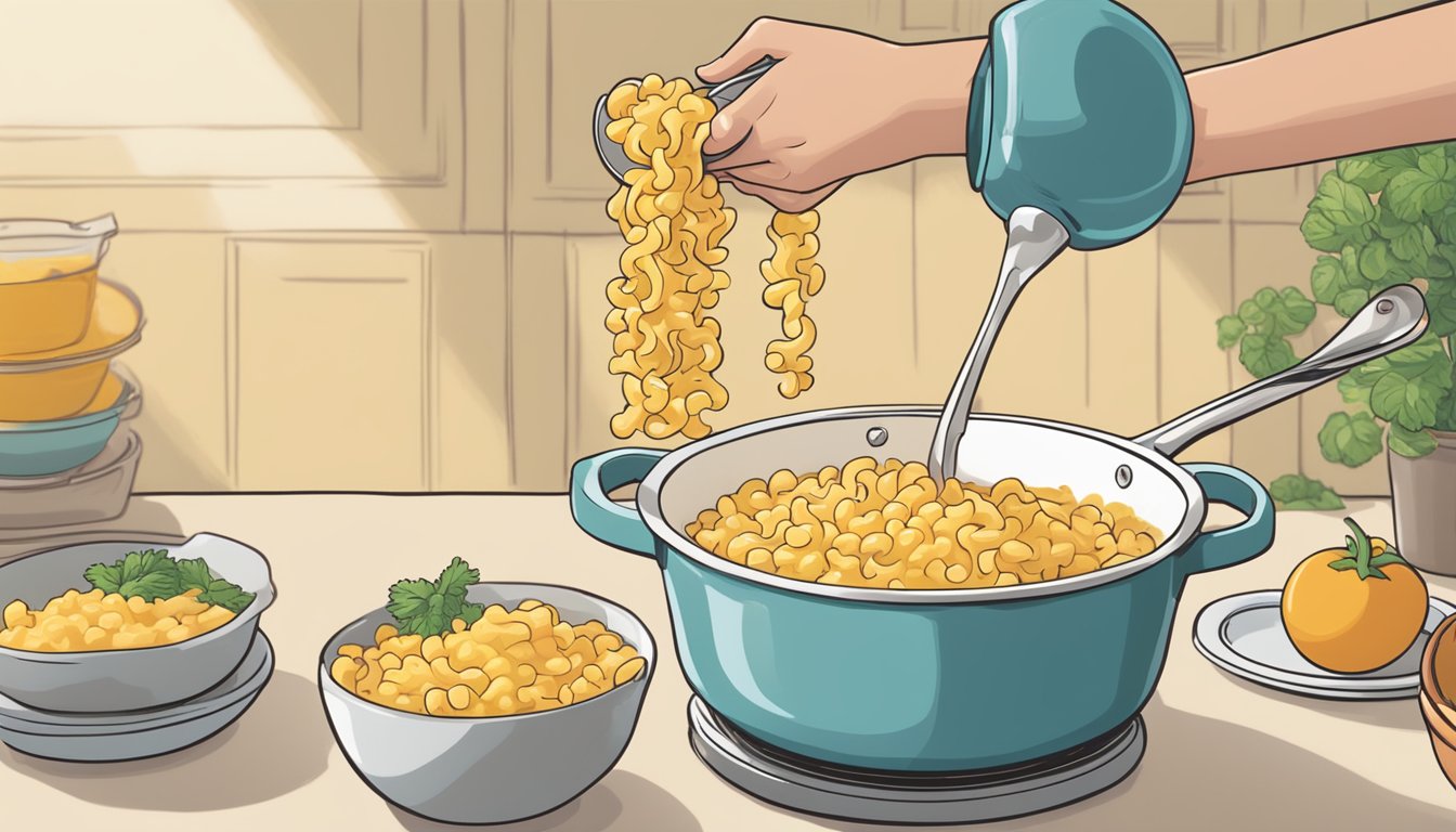 A pot of boiling water with Annie's Homegrown mac and cheese being poured in, a spoon stirring the mixture, and a bowl ready to receive the finished dish