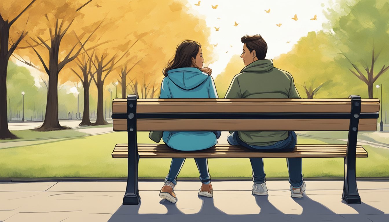 A girl sitting alone on a park bench, gazing wistfully at a couple walking hand in hand