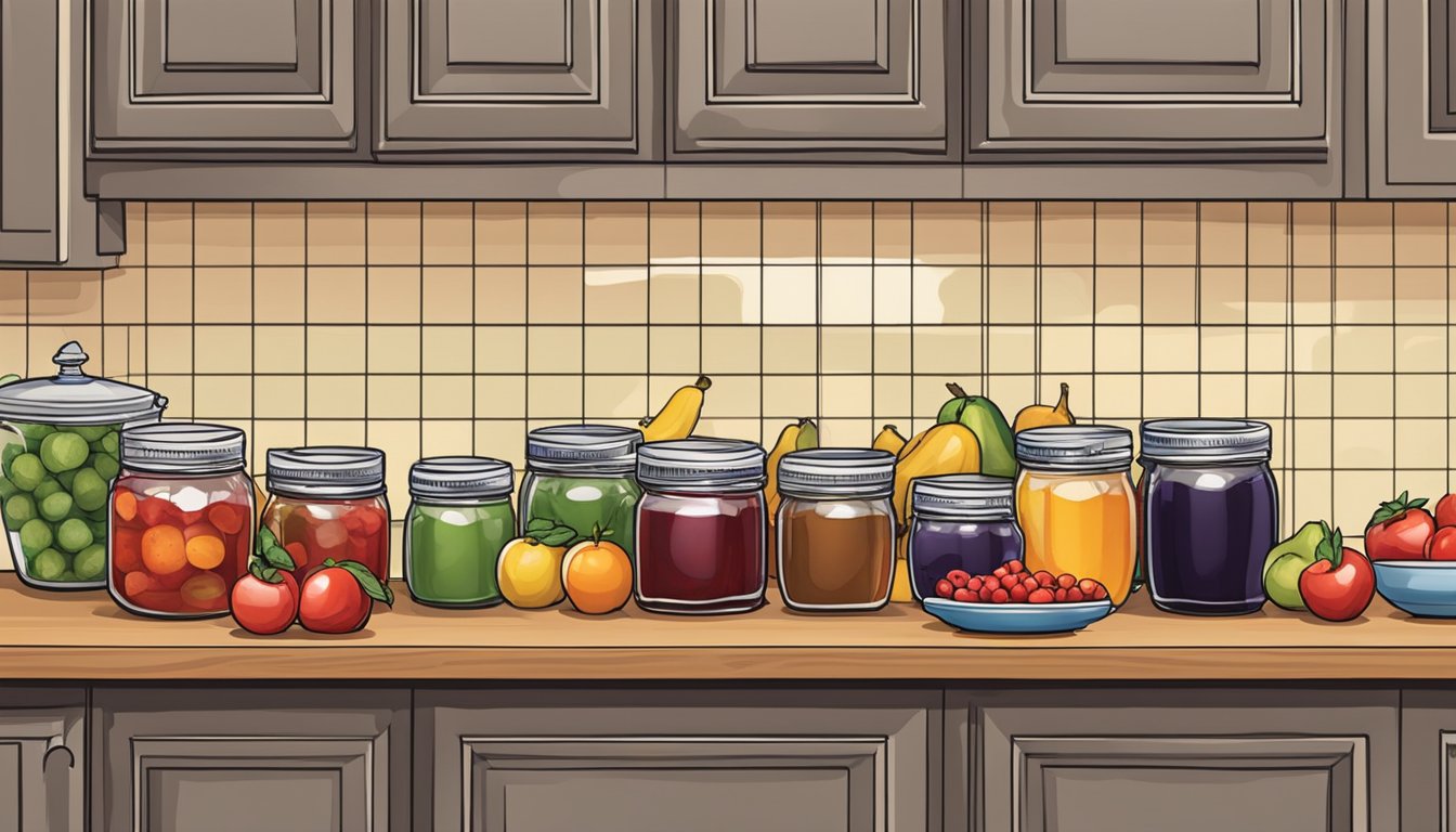 A kitchen counter with jars of Smuckers jam, fresh fruits, and cooking utensils ready to prepare specialty dishes