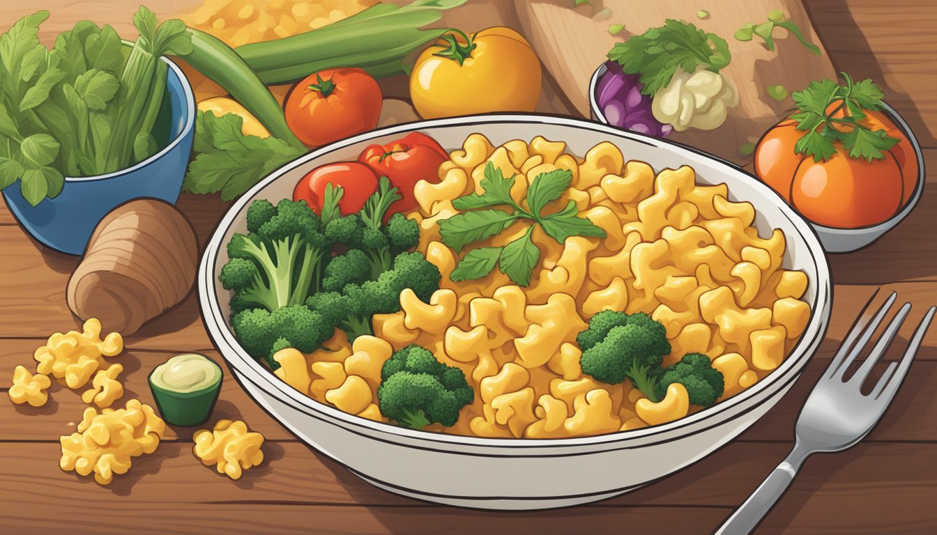 A steaming bowl of Annie's Homegrown mac and cheese surrounded by colorful vegetables and herbs on a wooden table