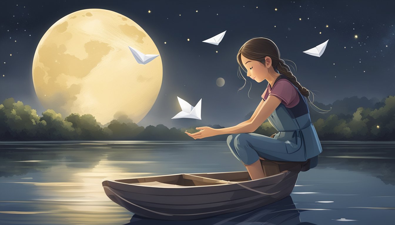 A girl releasing a paper boat with a message into a calm, moonlit river