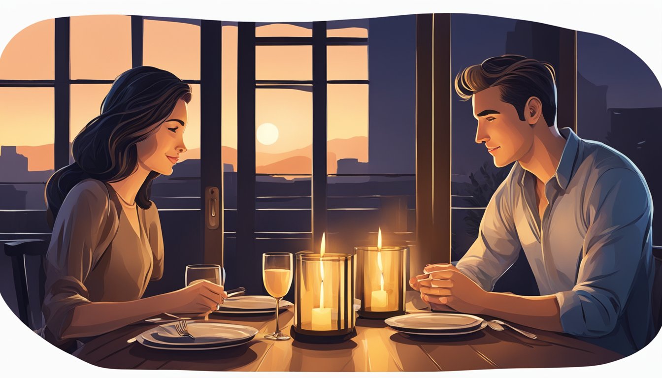 A man and a woman sitting across from each other at a candlelit dinner, gazing into each other's eyes with a warm and affectionate expression