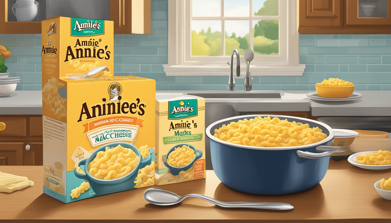 A pot of boiling water with a box of Annie's Homegrown mac and cheese next to it, a spoon stirring the pasta, and a bowl of creamy mac and cheese on a kitchen counter