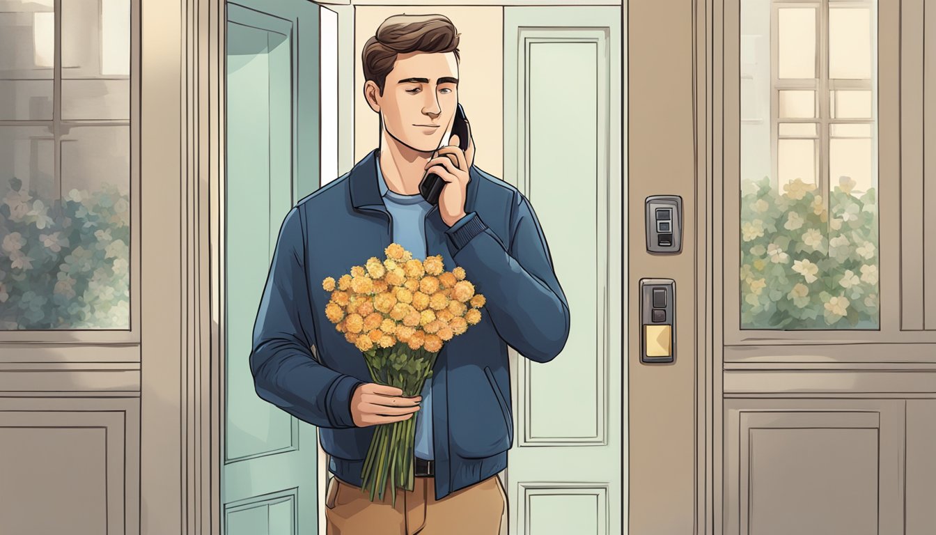 A man holding a bouquet of flowers and a phone, with a thoughtful expression on his face, standing in front of a door