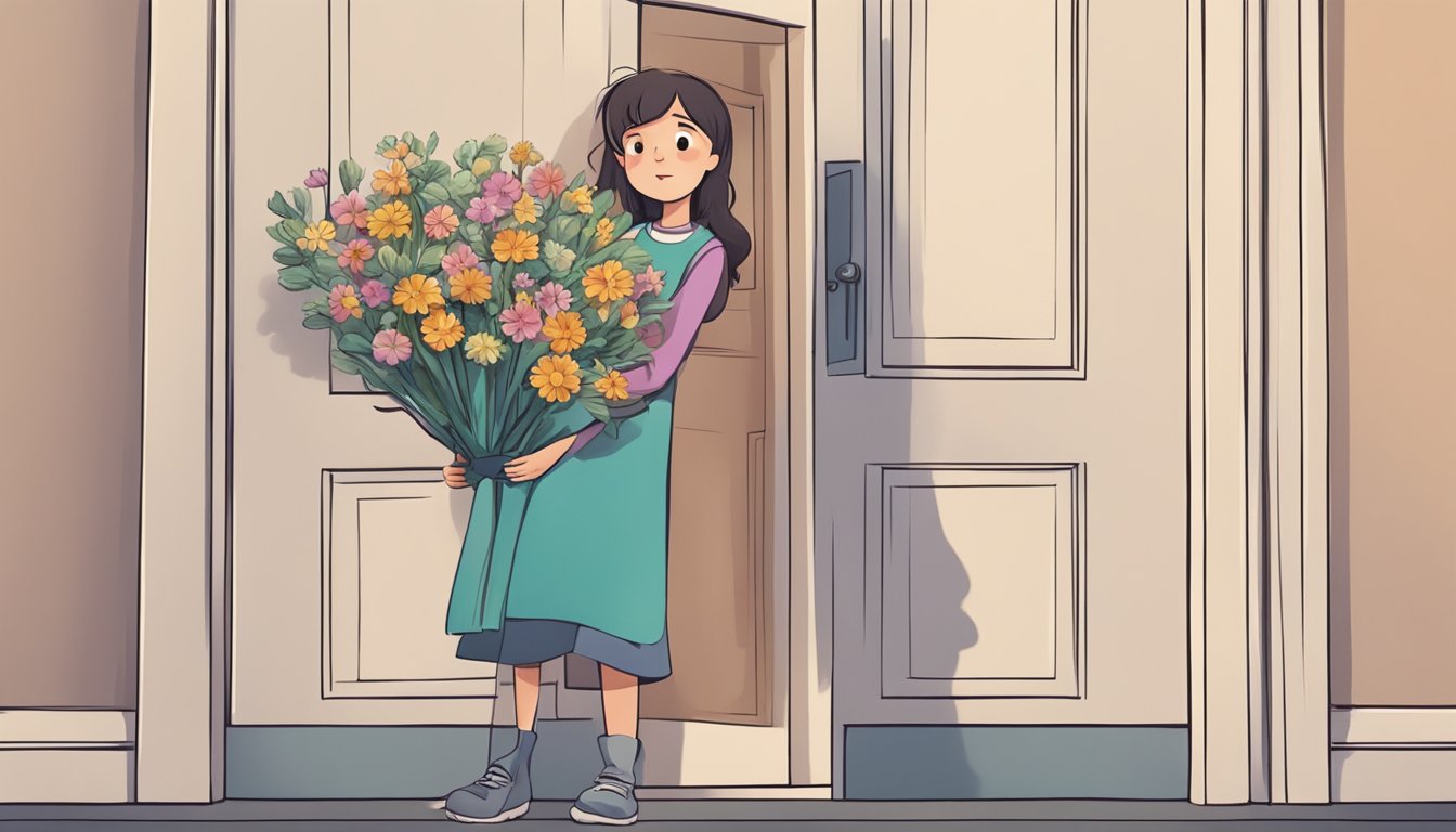 A girl holding a bouquet of flowers, standing outside a door with a sad expression