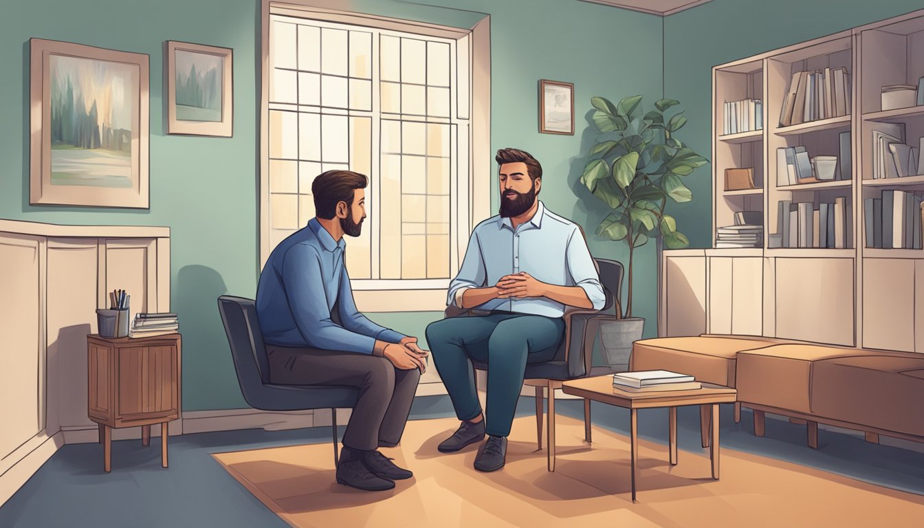 A man sitting in a therapist's office, talking while the therapist listens attentively, offering guidance and support