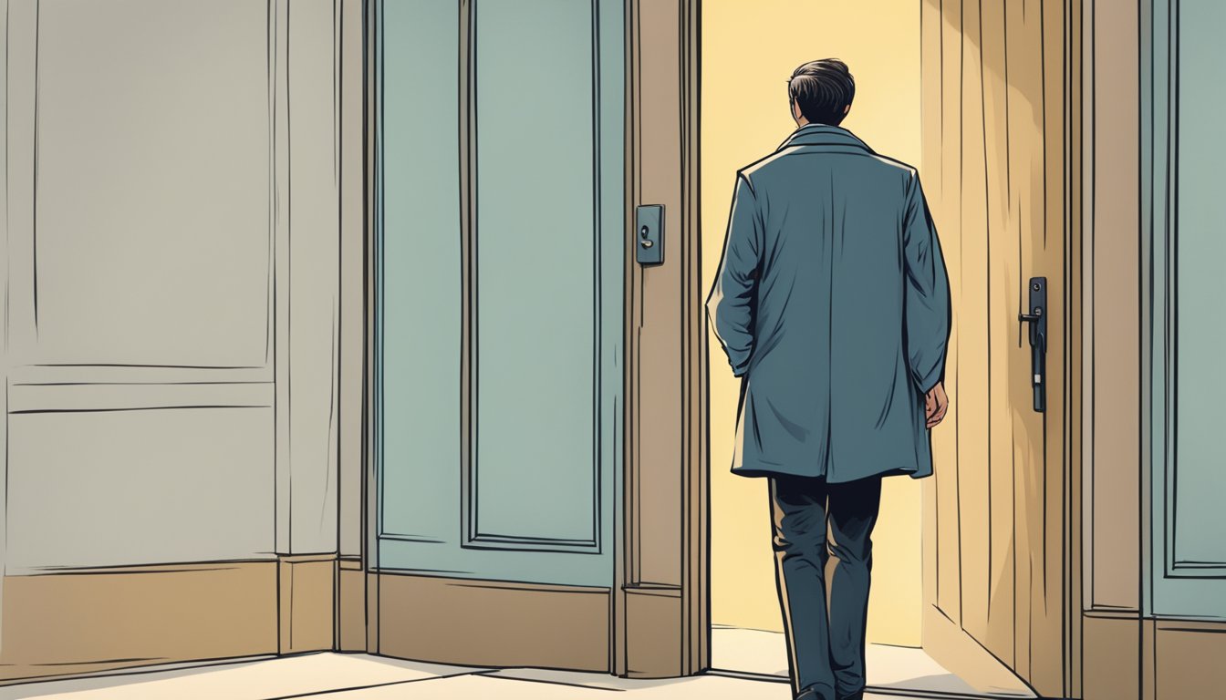 A man walking away from a closed door, looking determined