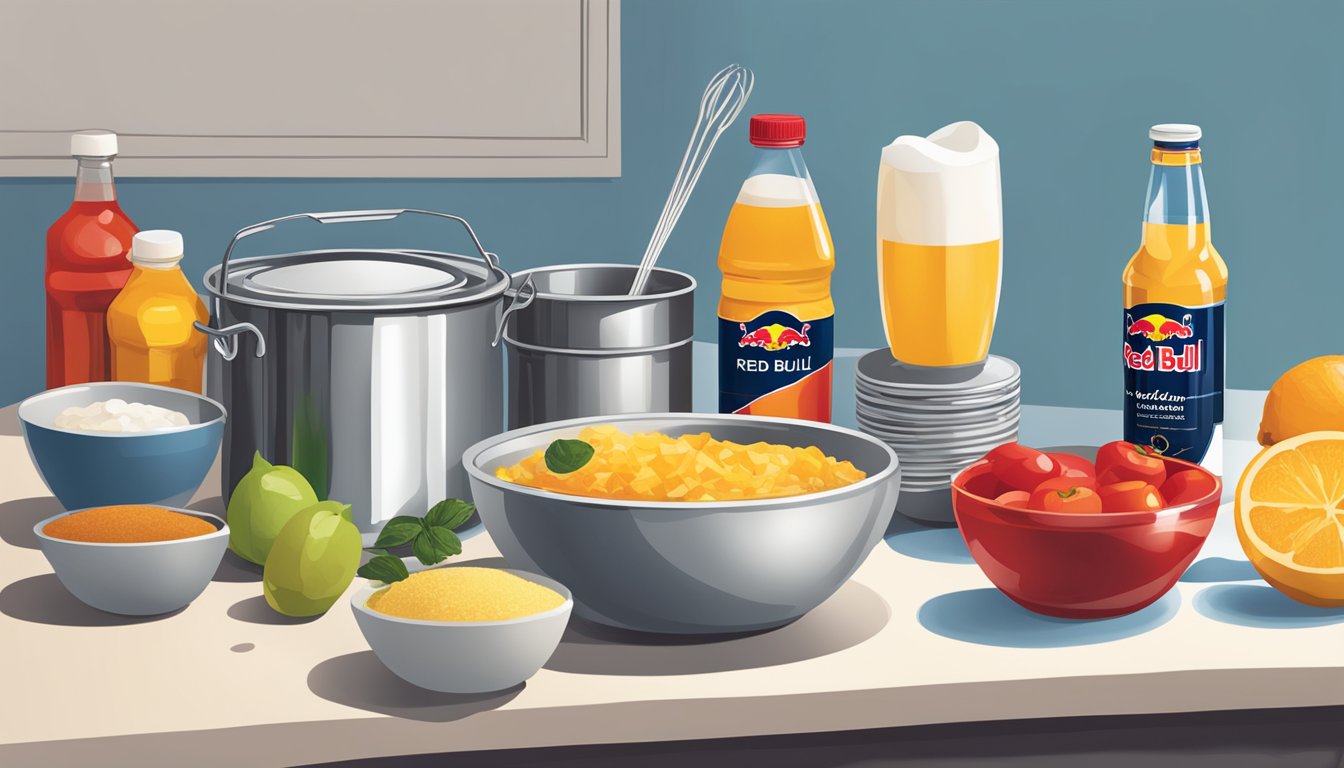 A kitchen counter with various ingredients and a can of Red Bull, alongside a mixing bowl and utensils