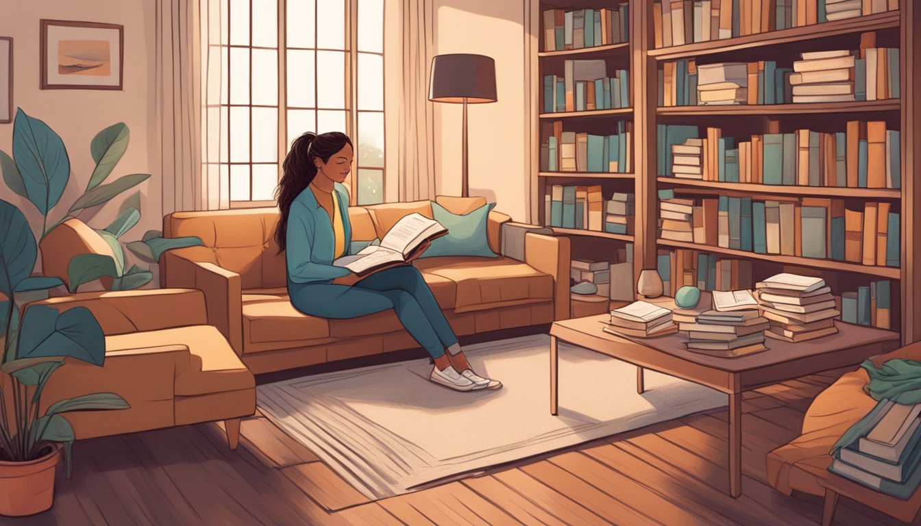 A woman seeking advice from a therapist, surrounded by books and a cozy, comforting environment