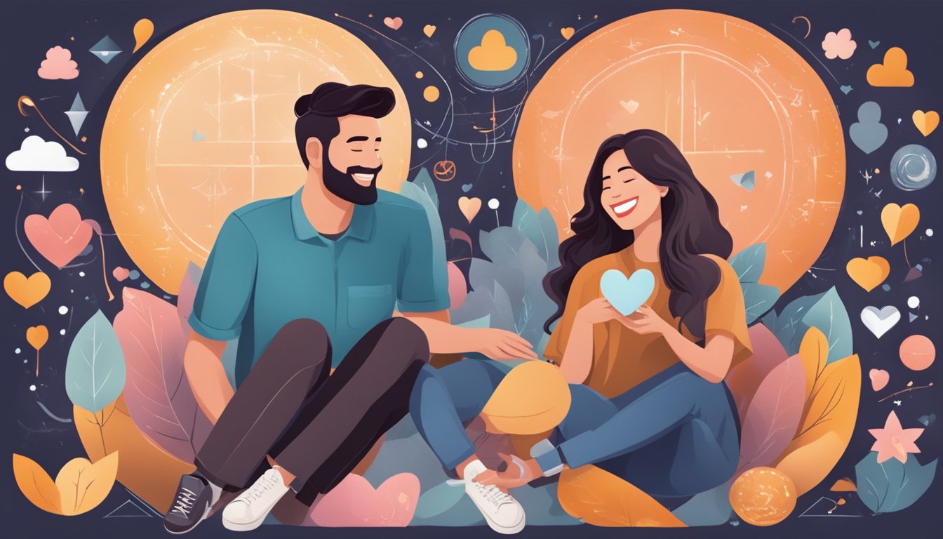 A couple sitting together, smiling and holding hands, surrounded by symbols of love and communication