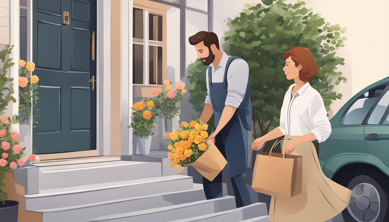 A man giving flowers to a woman at her doorstep