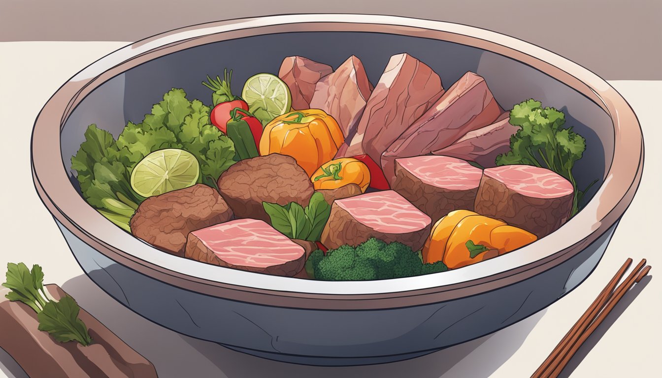 A bowl filled with various meats and vegetables submerged in a mixture of Red Bull and spices, ready to be marinated