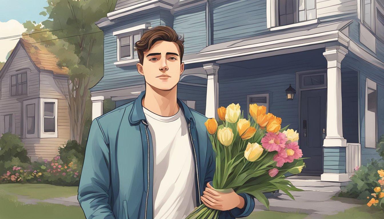 A young man standing outside his ex's house, holding a bouquet of flowers and looking hopeful