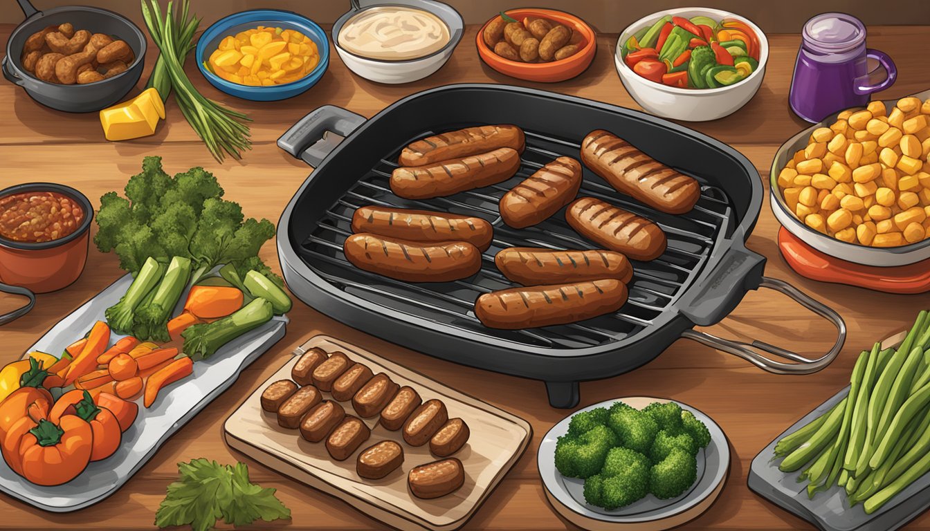 A sizzling grill with Johnsonville brats cooking to perfection, surrounded by colorful vegetables and a variety of seasonings