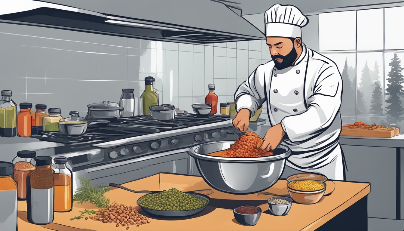 A chef pouring Red Bull into a mixing bowl with various spices and ingredients, creating a unique marinade for meat