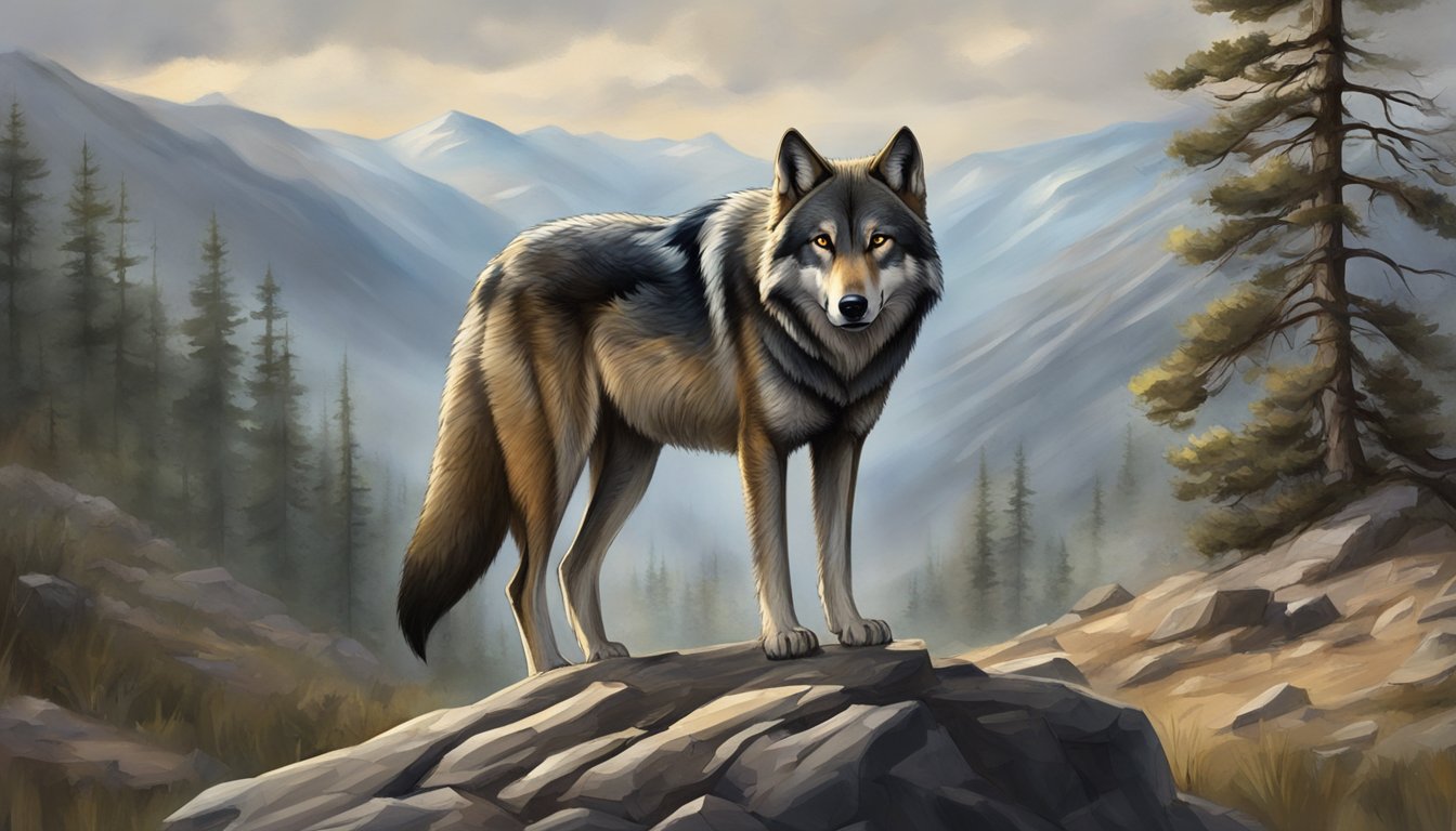 A lone wolf standing tall, gazing out over a rugged landscape with a determined and confident expression