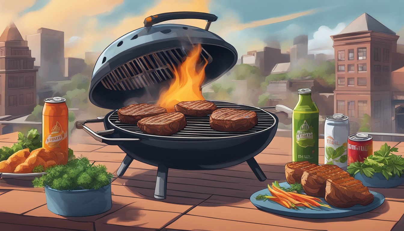 A grill sizzling with marinated meats, surrounded by cans of Red Bull and fresh herbs. Smoke rises as the flavors meld together