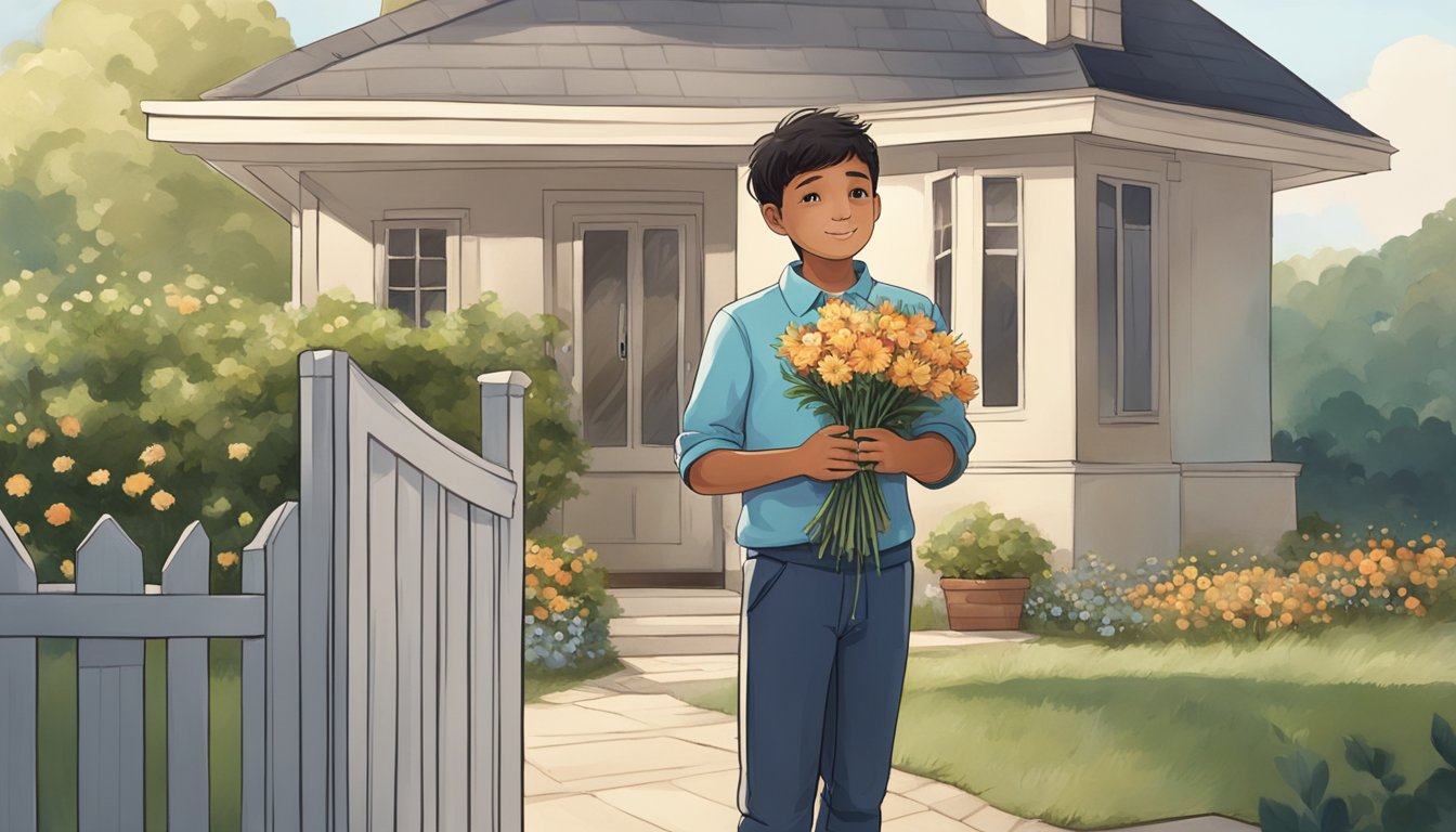 A boy holding a bouquet of flowers, standing outside a house with a hopeful expression