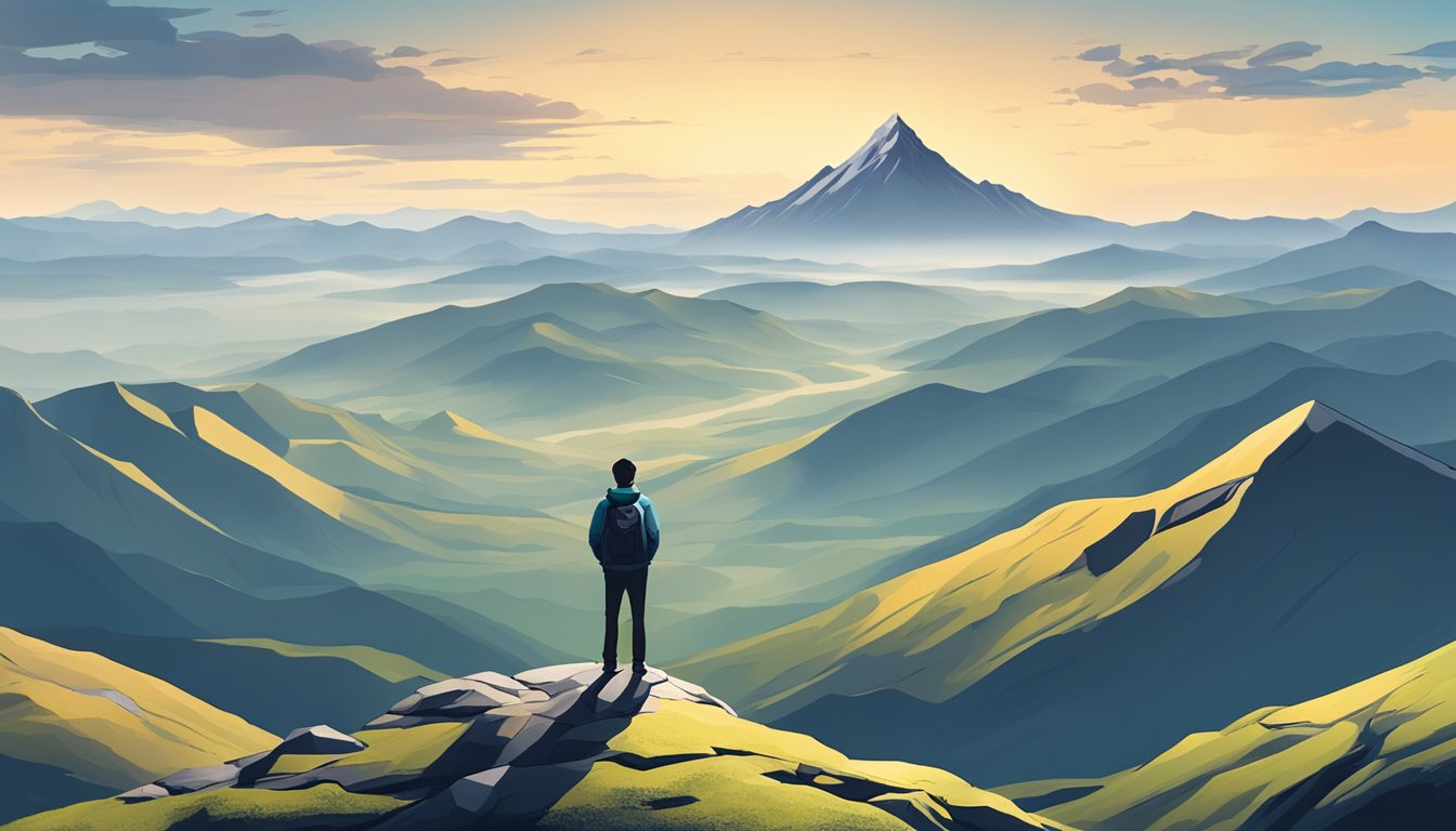 A person standing alone on a mountain peak, looking out at a vast and beautiful landscape, symbolizing self-improvement and personal growth