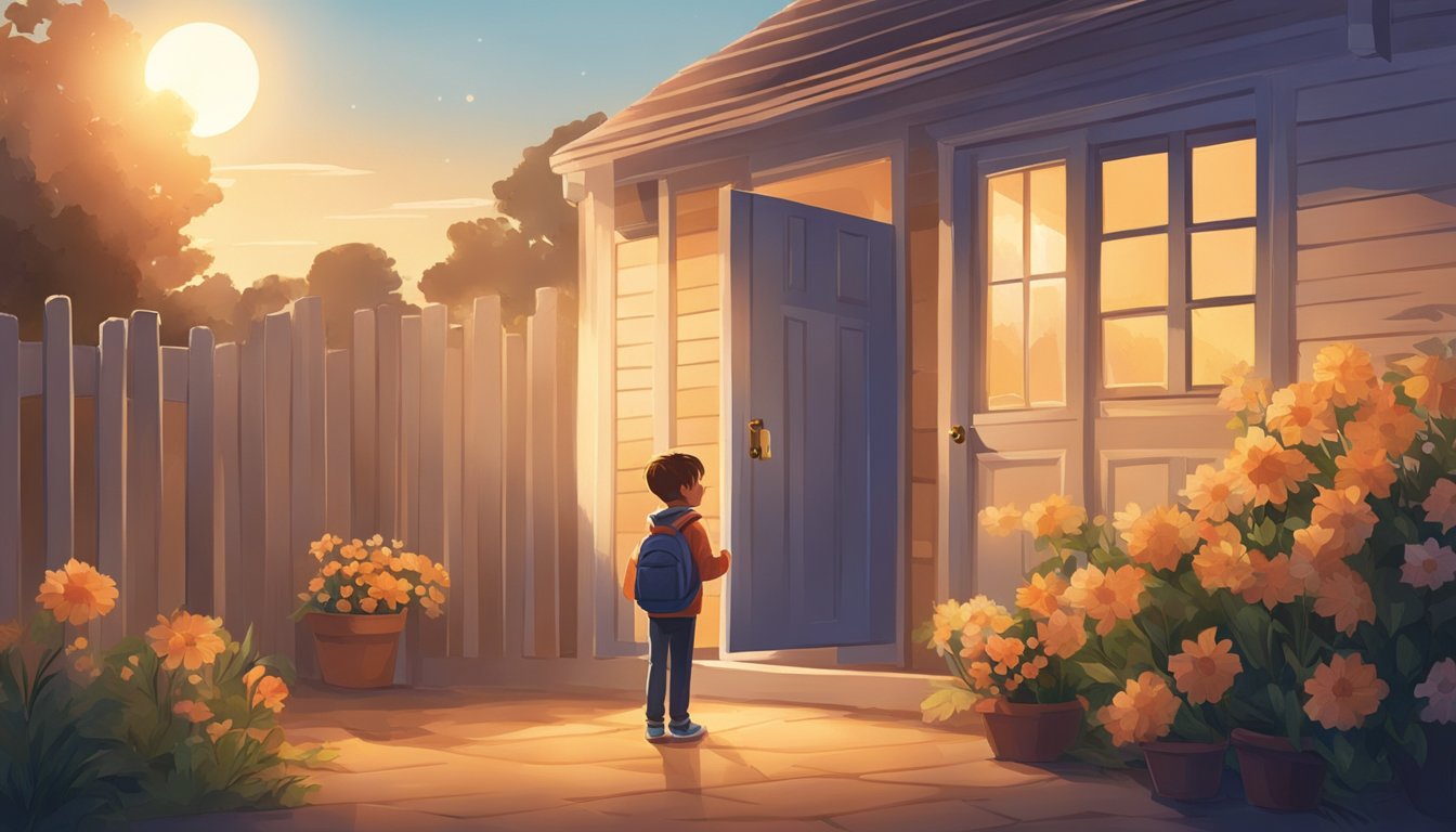 A boy standing outside a closed door, holding a bouquet of flowers and looking hopeful. The sun is setting, casting a warm glow on the scene