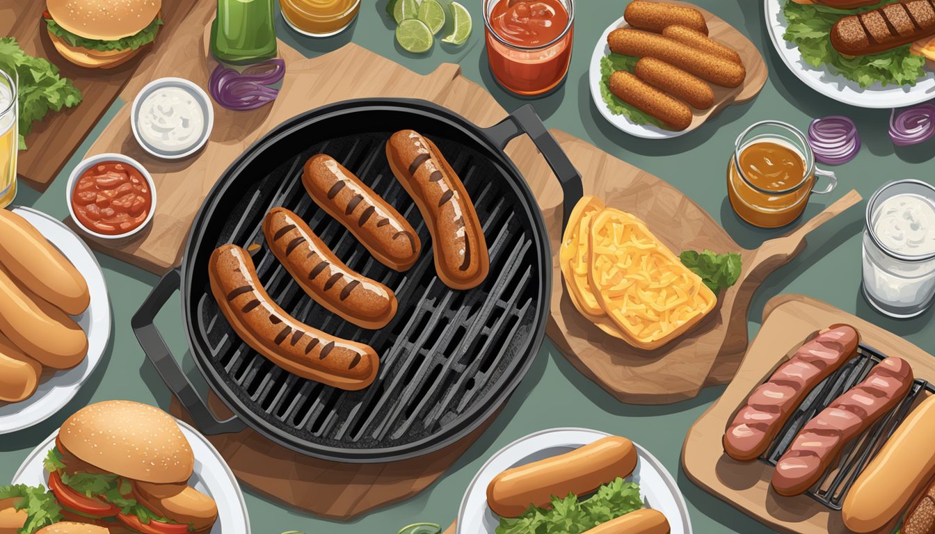 A grill sizzling with Johnsonville brats, surrounded by fresh buns, condiments, and cold drinks