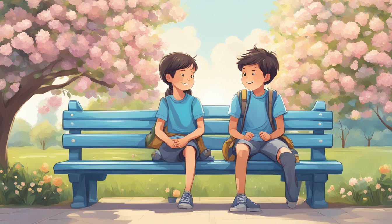 A boy and girl sitting on a park bench, smiling and talking, surrounded by blooming flowers and a clear blue sky