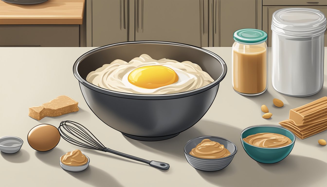 A mixing bowl with Jif peanut butter, flour, eggs, and a whisk on a kitchen counter