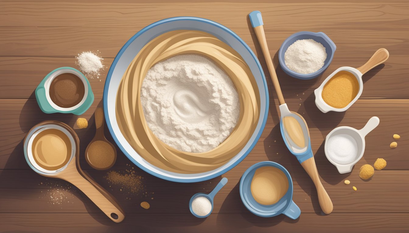 A mixing bowl filled with flour, sugar, and Jif peanut butter, surrounded by measuring cups and spoons. A wooden spoon stirs the ingredients together