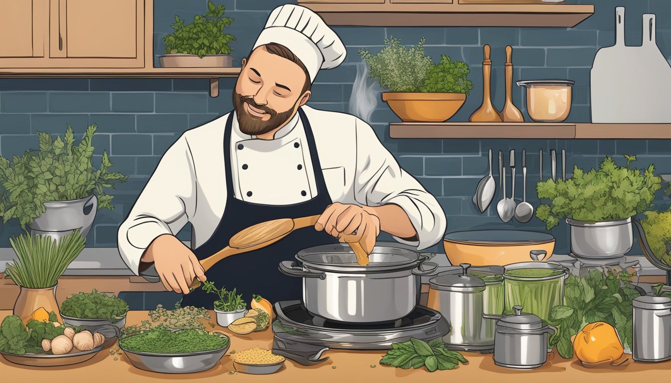 A chef pours Swanson chicken broth into a simmering pot, surrounded by various herbs, spices, and ingredients for customizing flavors