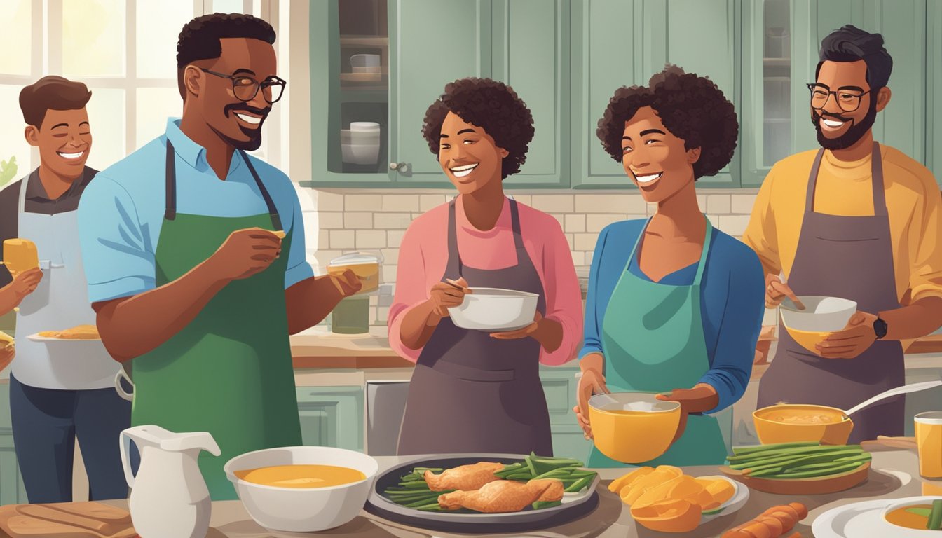 A group of people gather around a kitchen, cooking with Swanson chicken broth. They are engaged in conversation and laughter as they prepare a meal together