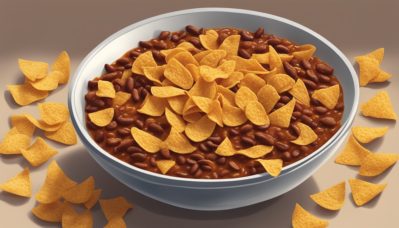 A bowl of chili topped with Fritos, surrounded by scattered Fritos on a kitchen counter