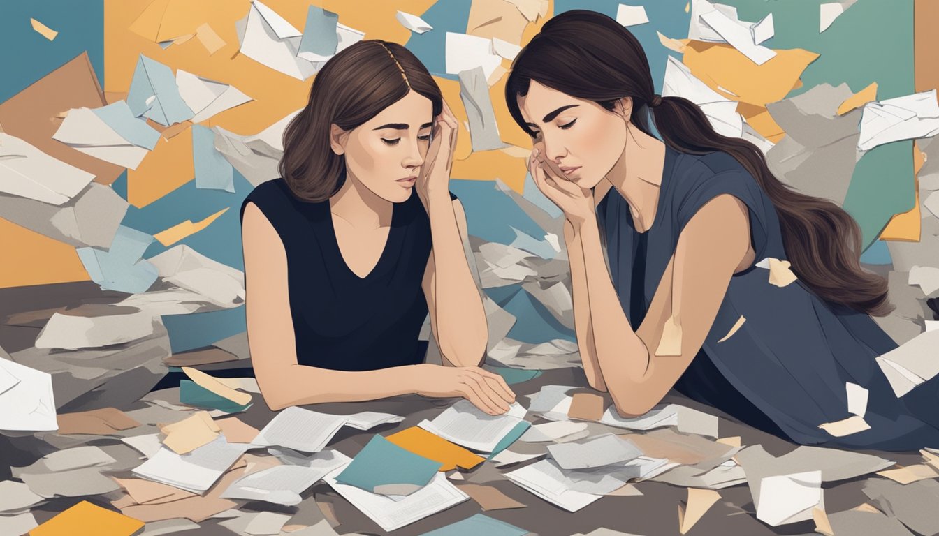 Two women sit facing each other, one with a pained expression and the other with a determined look, surrounded by scattered photos and a torn letter