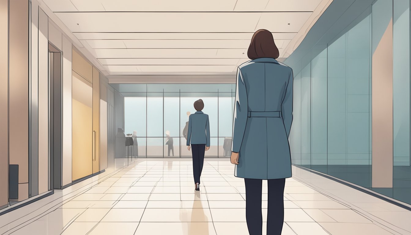 A woman standing alone, with a clear boundary around her, and an ex-partner standing at a distance, respecting her space