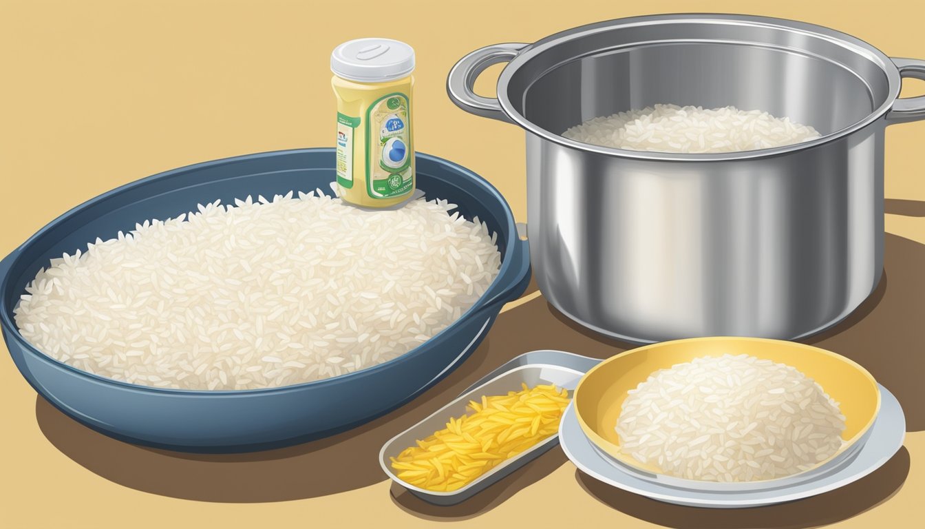 A pot of boiling water with a box of Rice-A-Roni next to it, along with a measuring cup of rice and a pat of butter