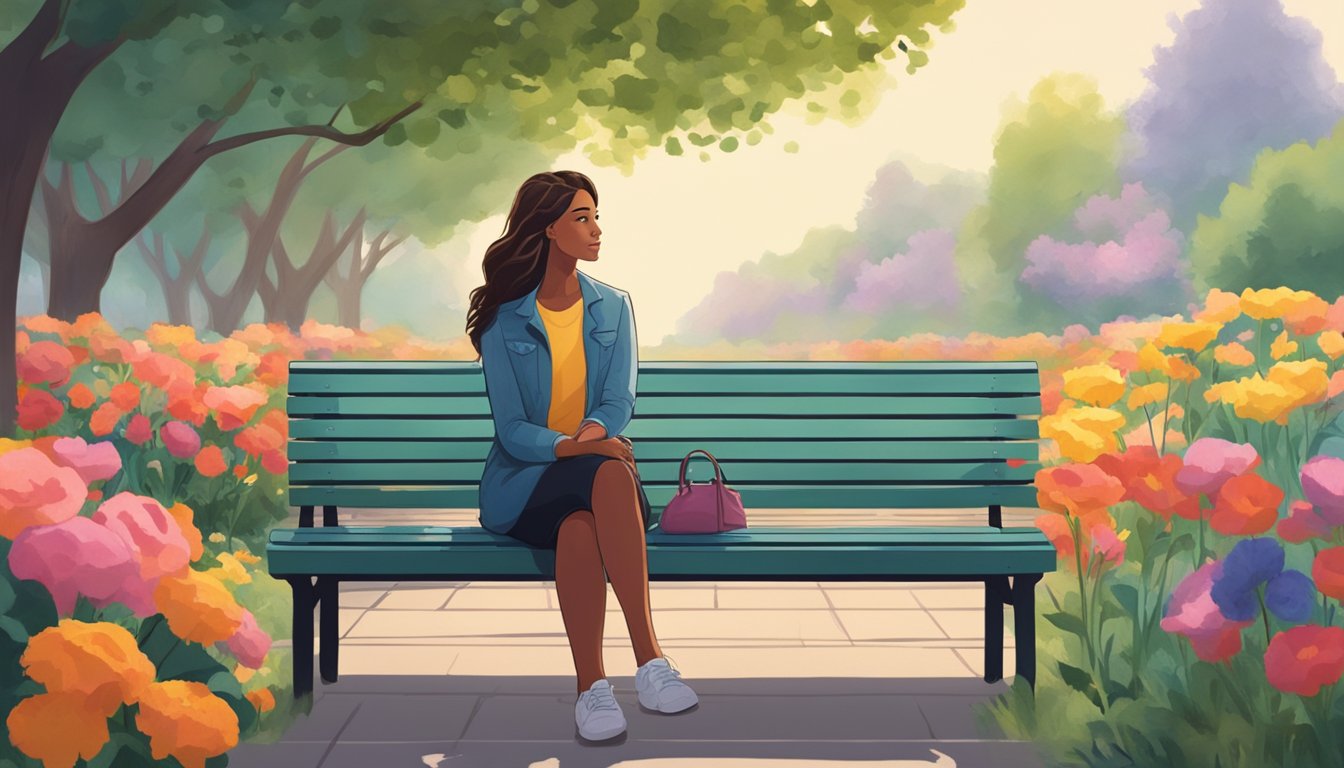 A woman sits alone on a park bench, surrounded by vibrant flowers and a peaceful atmosphere. She gazes into the distance with a hopeful expression