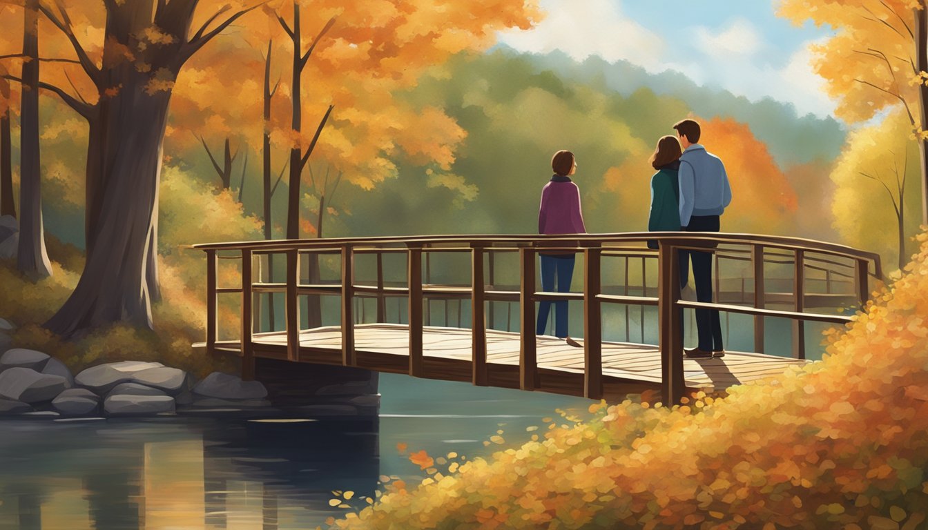 A couple standing on a bridge, surrounded by autumn trees and a peaceful river, gazing into the distance with a sense of longing and forgiveness