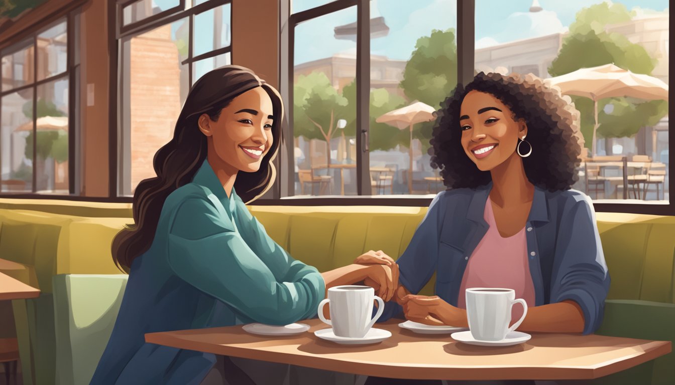 Two women sitting across from each other, smiling and holding hands at a cozy café table