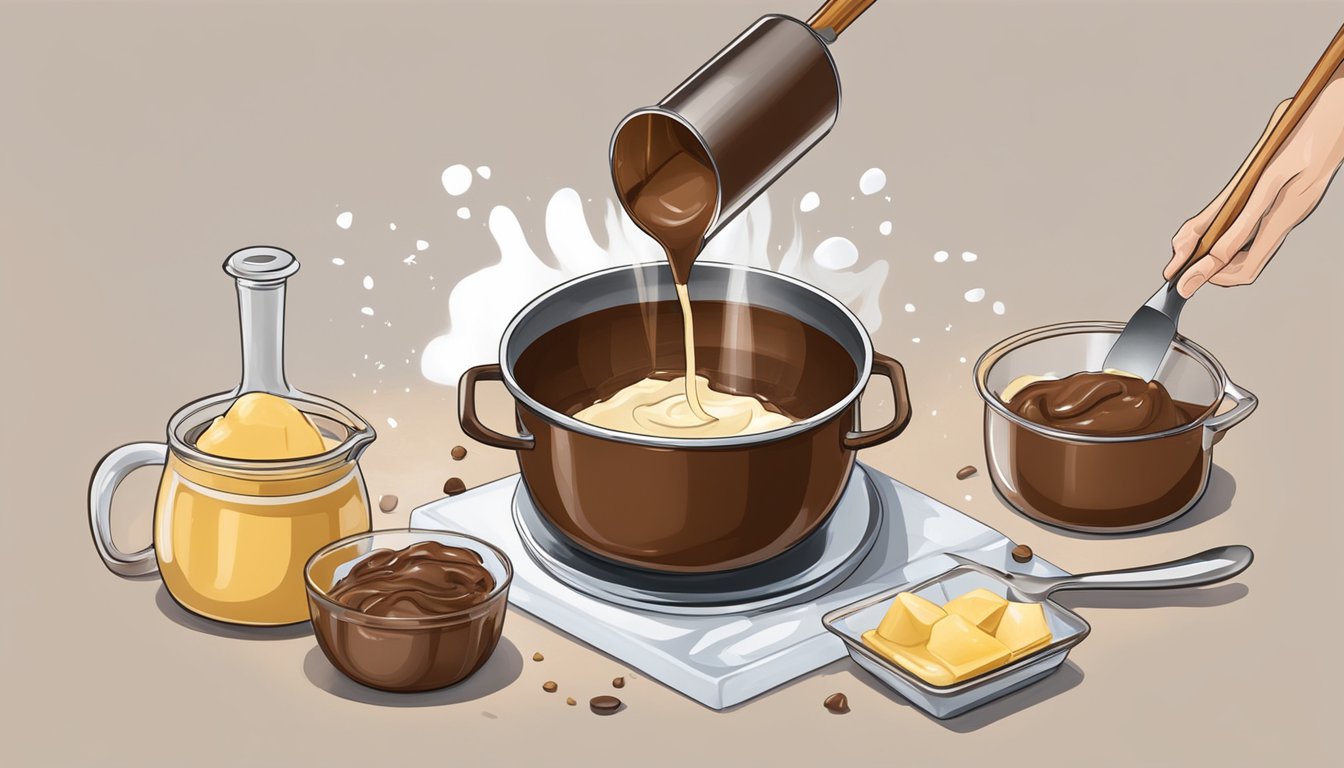 A chef melting Lindt chocolate over a double boiler, stirring it with a spatula. Ingredients like butter and cream are lined up nearby