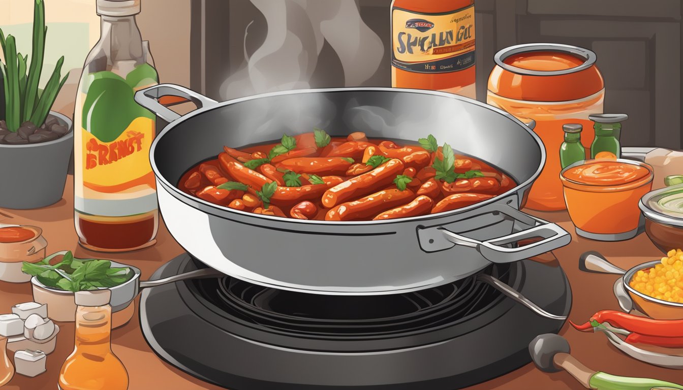 A sizzling skillet with various spicy ingredients being added to a bubbling pot of Franks RedHot sauce, creating a flavorful and aromatic cooking scene