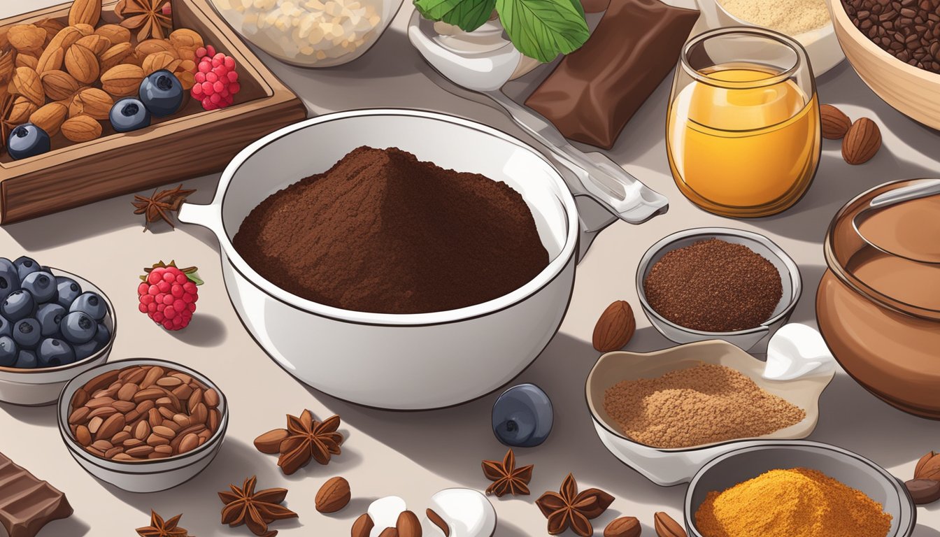 A kitchen counter with various Lindt chocolate bars, cocoa powder, and a mixing bowl surrounded by seasonal ingredients like berries, nuts, and spices