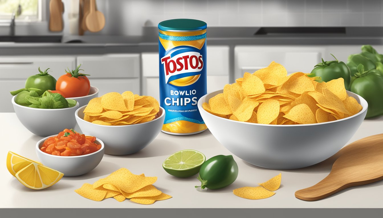 A bowl of Tostitos chips arranged next to various ingredients and cooking utensils on a kitchen counter