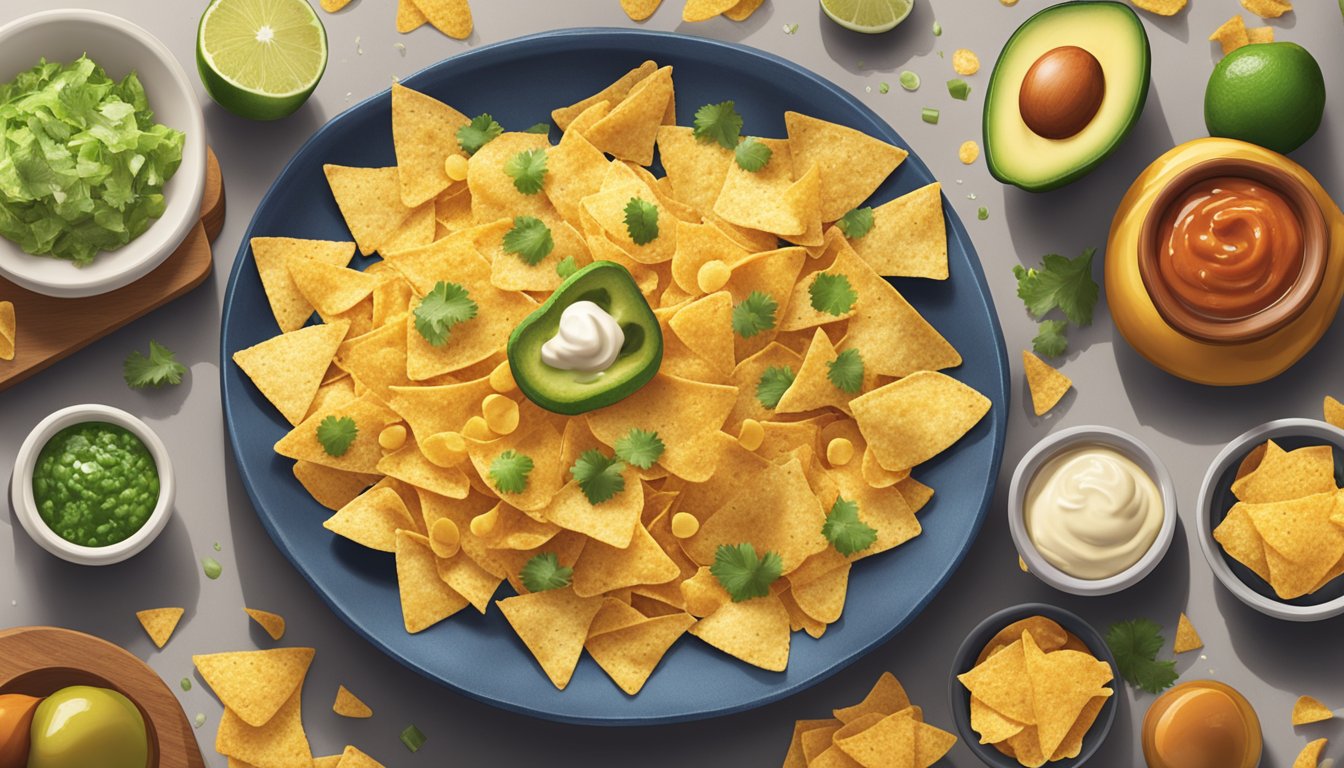 Tostitos chips being crushed and sprinkled onto a dish of nachos, with various ingredients laid out on a kitchen counter