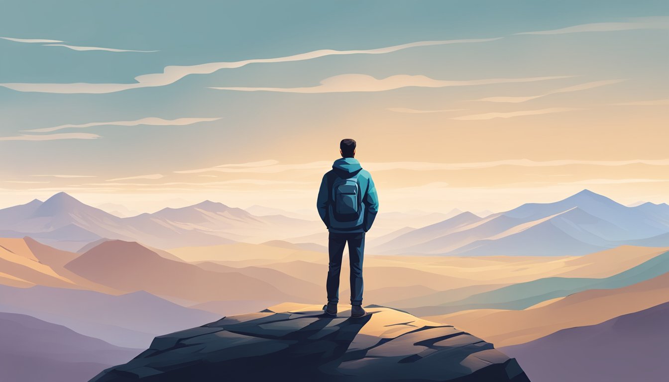 A man standing alone on a mountain peak, looking out at a vast and open landscape, symbolizing personal growth and moving forward after a breakup