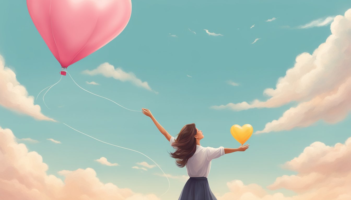 A woman releasing a heart-shaped balloon into the sky, symbolizing acceptance and moving on from her past relationship