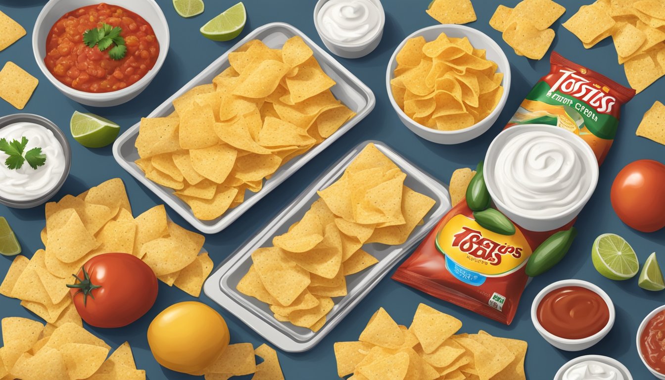 A bowl of Tostitos chips covered in melted cheese, salsa, and sour cream, sitting on a table surrounded by ingredients and a baking sheet