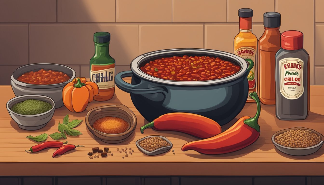 A bubbling pot of chili with a bottle of Franks RedHot nearby, surrounded by various spices and ingredients on a kitchen counter