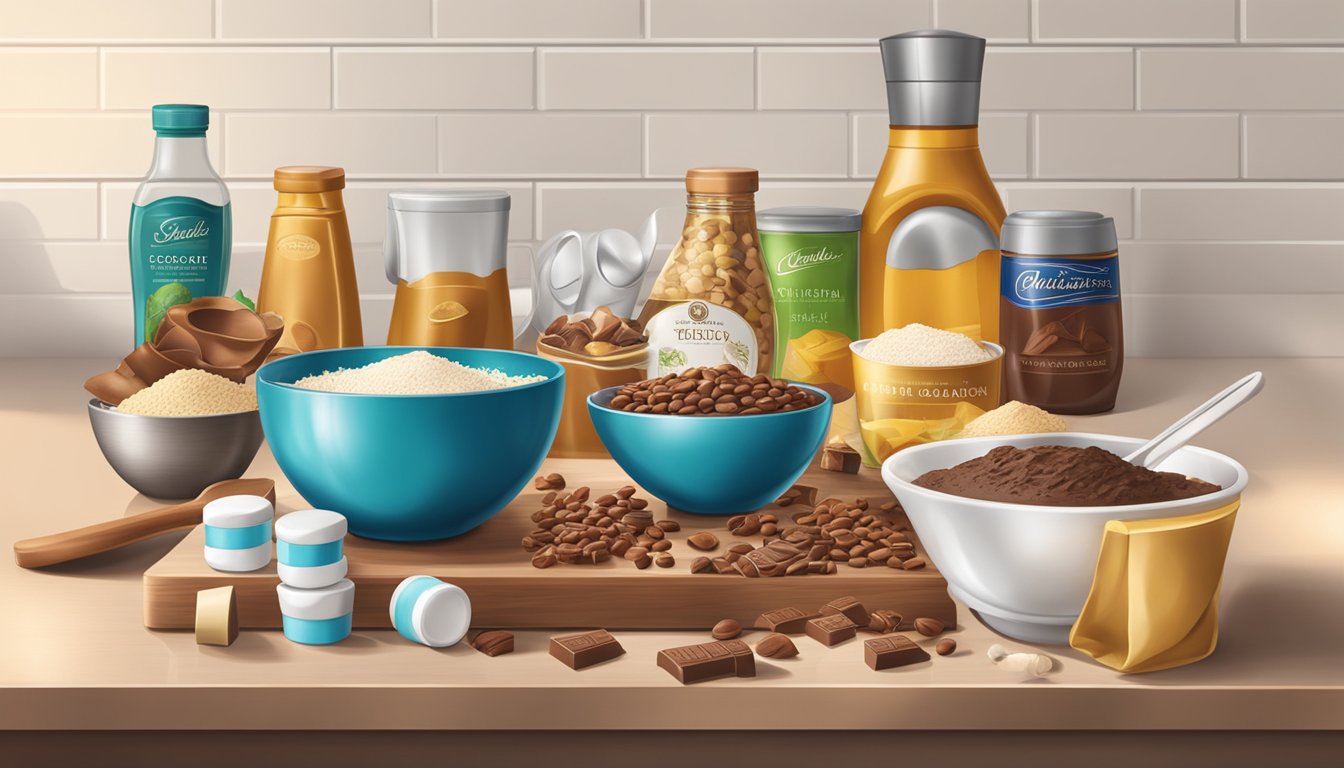 A kitchen counter with various Lindt chocolate bars, a mixing bowl, and ingredients for cooking