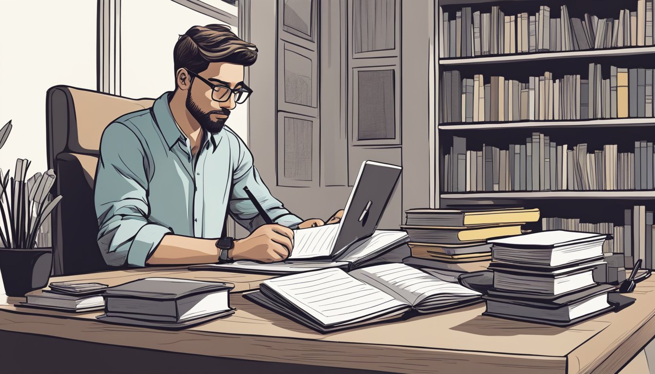 A man sits at a desk with a pen and paper, surrounded by books and a laptop. He looks determined, with a focused expression as he prepares to reconnect with his ex