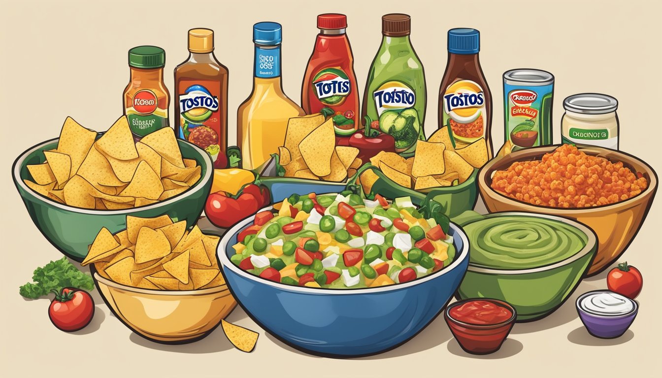 A bowl of Tostitos chips surrounded by various dressings and toppings, such as salsa, guacamole, cheese, and jalapenos, ready to be used for cooking